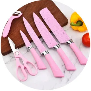 6 Knives Professional Non-stick Pink Kitchen Set Gourmet Barbecue Knife