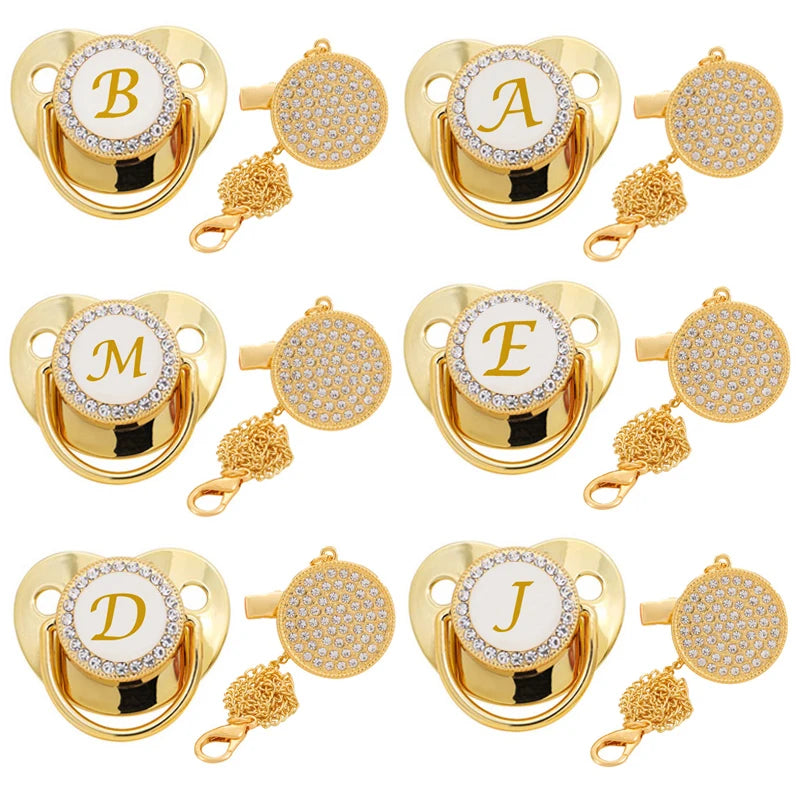 Initial Letter Baby Pacifier and Pacifier Clips BPA Free 26 Letters Name Silicone Infant Nipple Gold Bling Newborn Dummy Soother