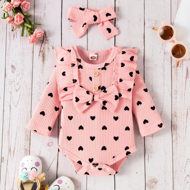 Baywell 3Pcs Baby Girl Outfit Set Newborn Toddler Girls Clothes Love Printed Long Sleeve Bodysuit +Pants+Headband Clothing