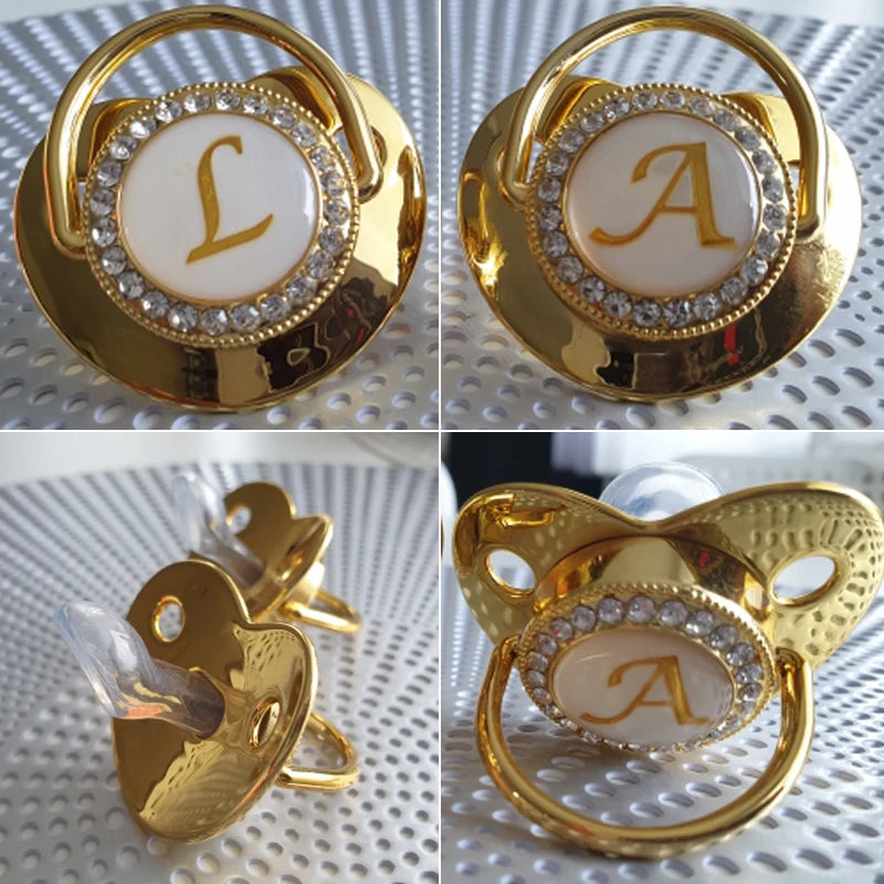 Initial Letter Baby Pacifier and Pacifier Clips BPA Free 26 Letters Name Silicone Infant Nipple Gold Bling Newborn Dummy Soother