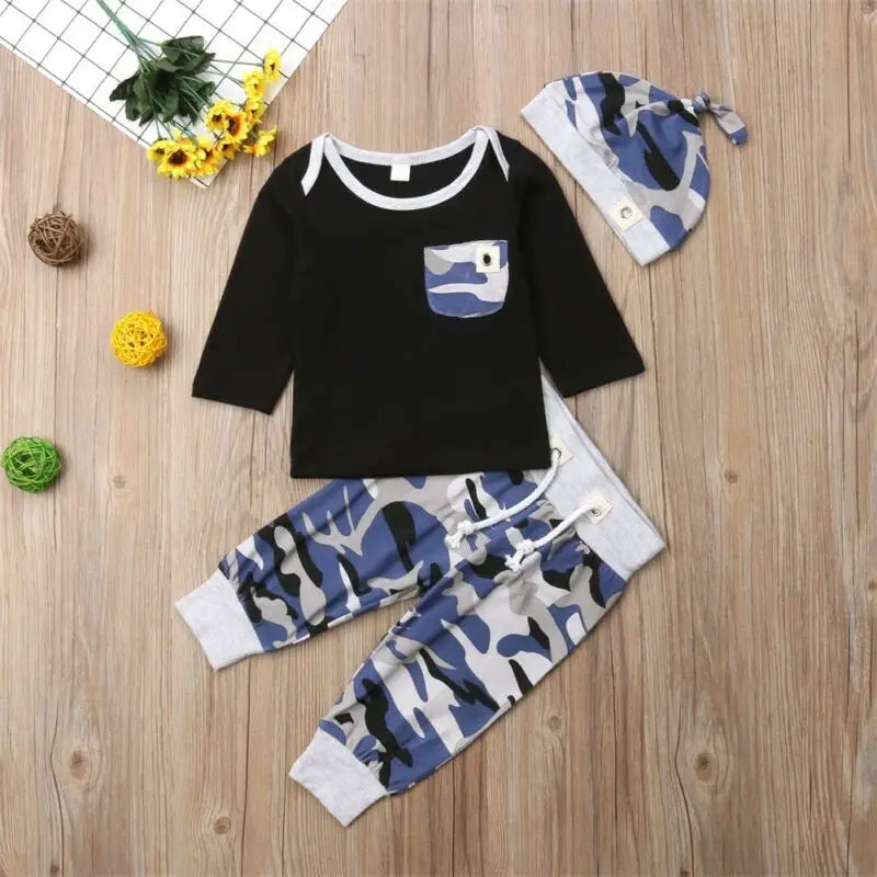 Newborn Infant Kids Baby Boy Clothes Camouflage T-shirt Tops + Long Pants Leggings + Hat Casual Outfit Set 0-24 Months