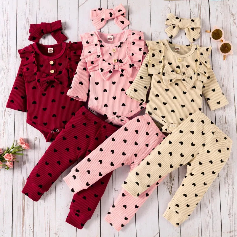 Baywell 3Pcs Baby Girl Outfit Set Newborn Toddler Girls Clothes Love Printed Long Sleeve Bodysuit +Pants+Headband Clothing