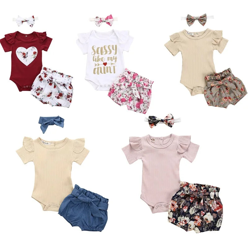 Newborn Baby Girls Clothes Sets 2023 Summer Short Sleeve Bowtie Romper+Shorts Dress+Headband Infant baby girl clothing outfit