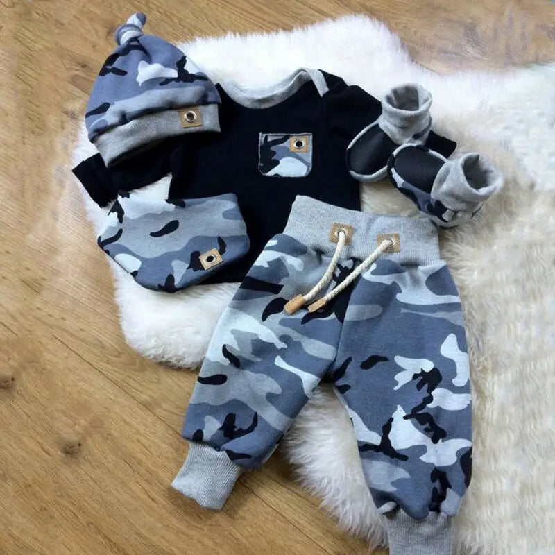 Newborn Infant Kids Baby Boy Clothes Camouflage T-shirt Tops + Long Pants Leggings + Hat Casual Outfit Set 0-24 Months