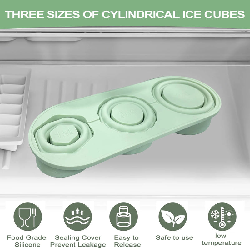 Leeseph Cylinder Ice Cube Tray for Stanley Cup Tumbler, Collapsible Reusable Silicone Ice Molds 3-Grid for Drink Juice Coffee