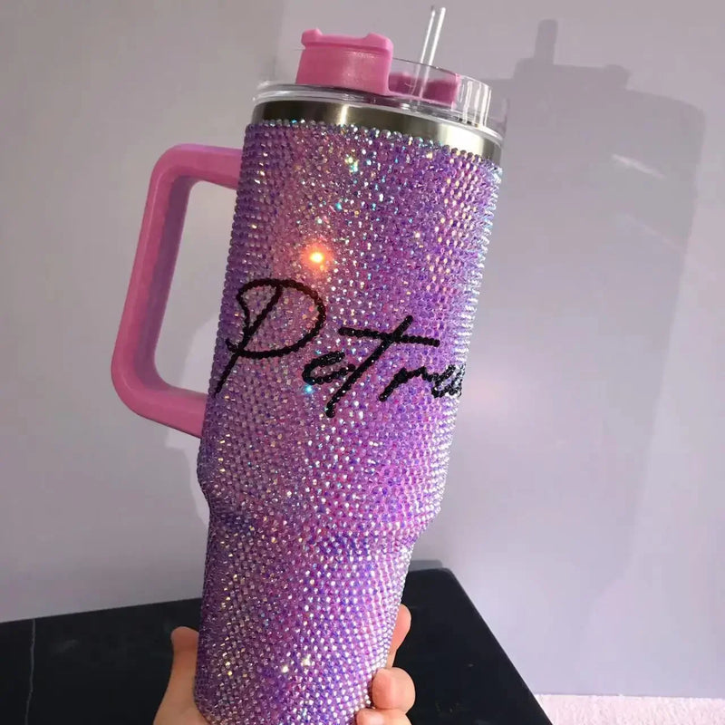 Personalized Rhinestone 40oz Tumbler with Handle Lid and Straw Thermos Bottle Stainless Steel Tumbler Gift for Mom Gift for Her