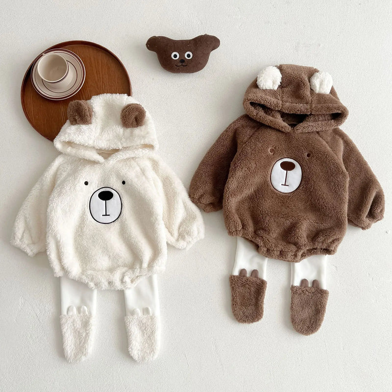 Winter Baby Romper Tights 2PCS Cute Bear Baby Winter Clothes Fleece Warm Kids Outfit Set Toddler Jumpsuits Pants Suit