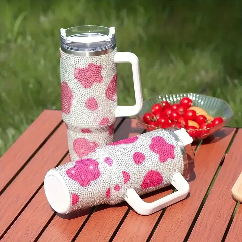 Cow Print Studded Tumbler With Lid And Straw 40oz Stainless Steel Thermal Water Bottle With Handle Portable Drinking Cups