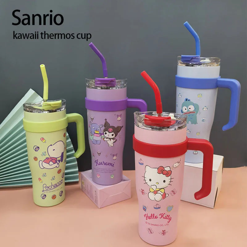 900Ml Sanrio Cartoon Big Mac Thermos Cup Women Kuromi Cinnamoroll Hello Kitty Pochacco Insulation Water Bottle Sippy Cup Gift