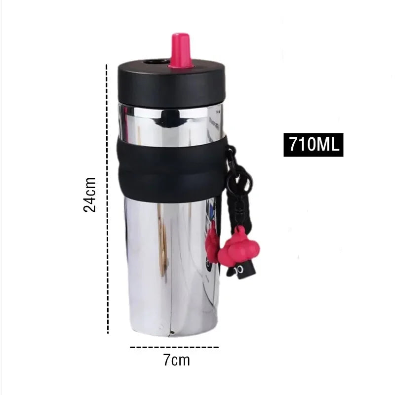 710ml Large Capacity Car Thermos Mug Stainless Steel Vacuum Flask With Retractable Straw Leak-Proof Coffee Tea Cold Drink Bottle