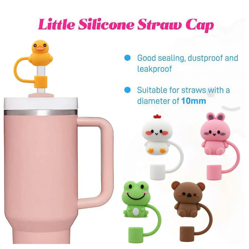 Straw Cover Cap For Stanley Cup Reusable 10mm Cute Silicone Straw Topper 40 Oz Tumbler With Handle Tips Lids 5Pcs Animal Shape