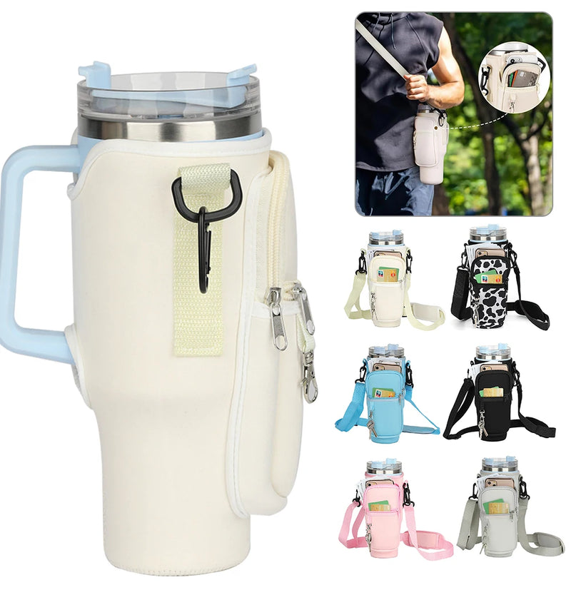 40oz Neoprene Water Bottle Carrier Bag Adjustable Shoulder Strap Water Bottle Holder Pouch For Stanley Quencher Cup Sleeve  ﻿