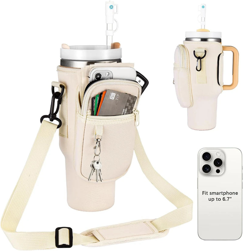 40oz Neoprene Water Bottle Carrier Bag Adjustable Shoulder Strap Water Bottle Holder Pouch For Stanley Quencher Cup Sleeve  ﻿