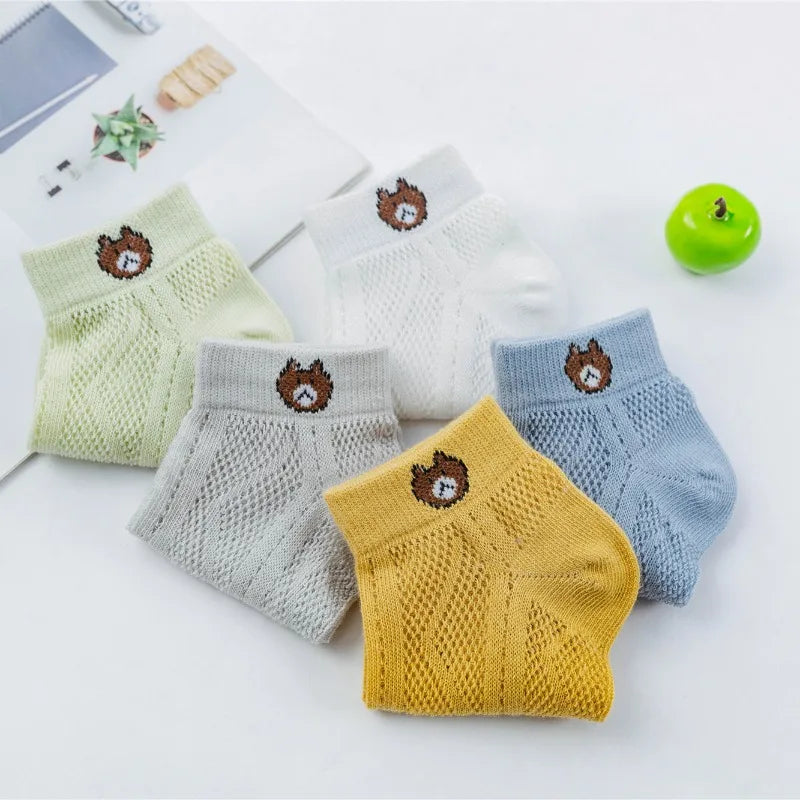 5Pairs Cartoon Bear Children's Socks Spring Summer Baby Soft Cotton Mesh Sock Boys Girls Breathable Thin Cute Sock Kids Socks