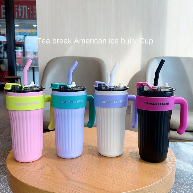 860ml  Handle Cup 316 Stainless Steel Insulated CupIce Cream Cup  Thermal Straw Cup Water Bottle Mugs  Vacuum Insulated Bottle