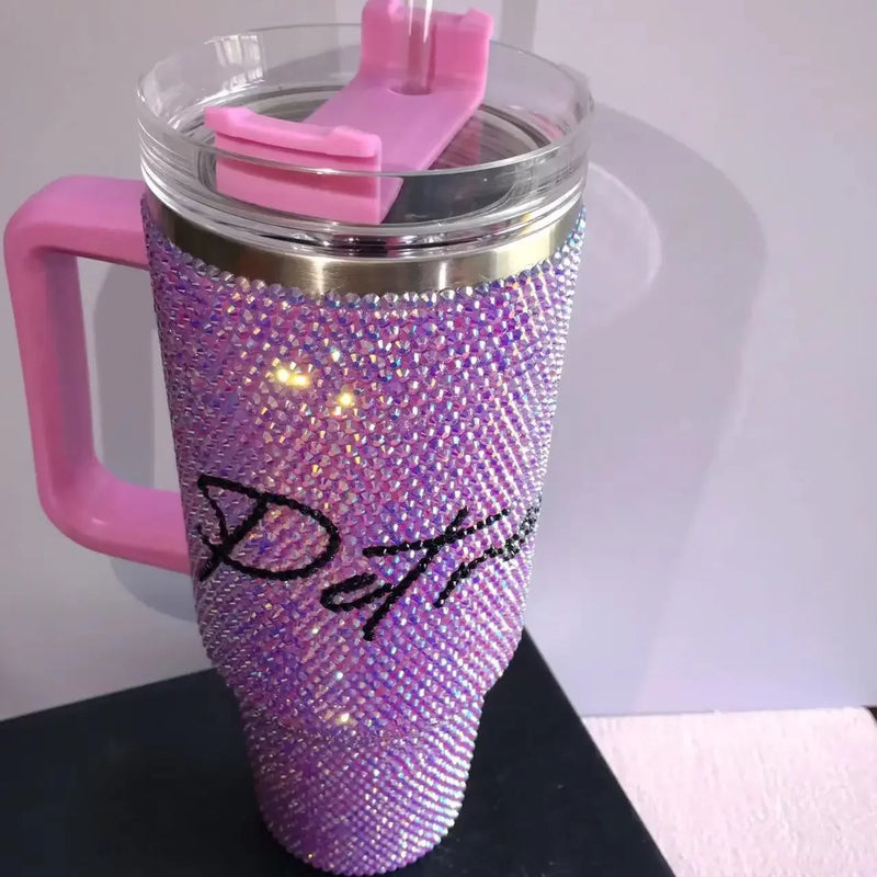 Personalized Rhinestone 40oz Tumbler with Handle Lid and Straw Thermos Bottle Stainless Steel Tumbler Gift for Mom Gift for Her