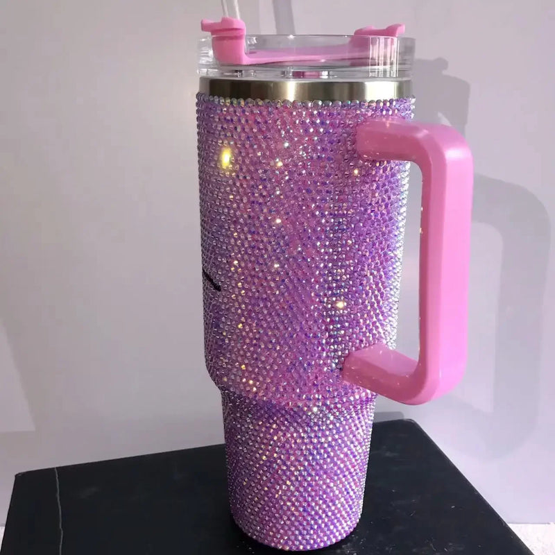 Personalized Rhinestone 40oz Tumbler with Handle Lid and Straw Thermos Bottle Stainless Steel Tumbler Gift for Mom Gift for Her