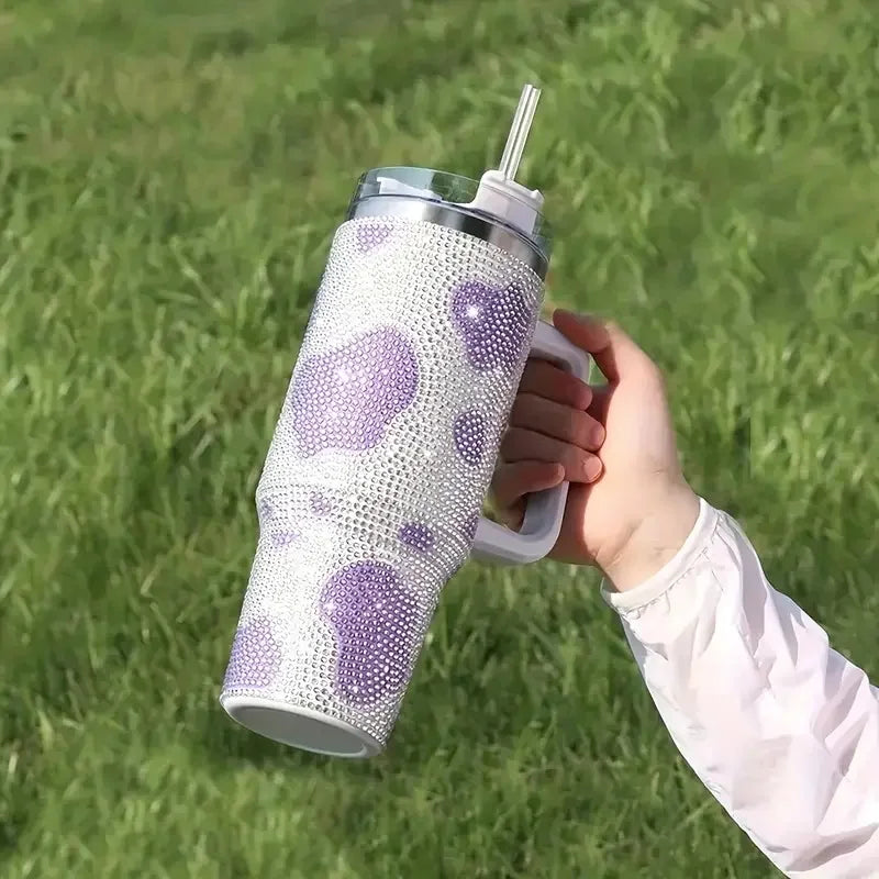 Cow Print Studded Tumbler With Lid And Straw 40oz Stainless Steel Thermal Water Bottle With Handle Portable Drinking Cups