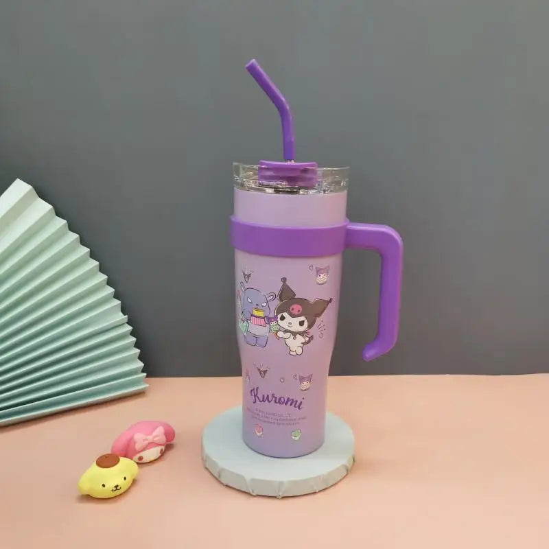 900Ml Sanrio Cartoon Big Mac Thermos Cup Women Kuromi Cinnamoroll Hello Kitty Pochacco Insulation Water Bottle Sippy Cup Gift