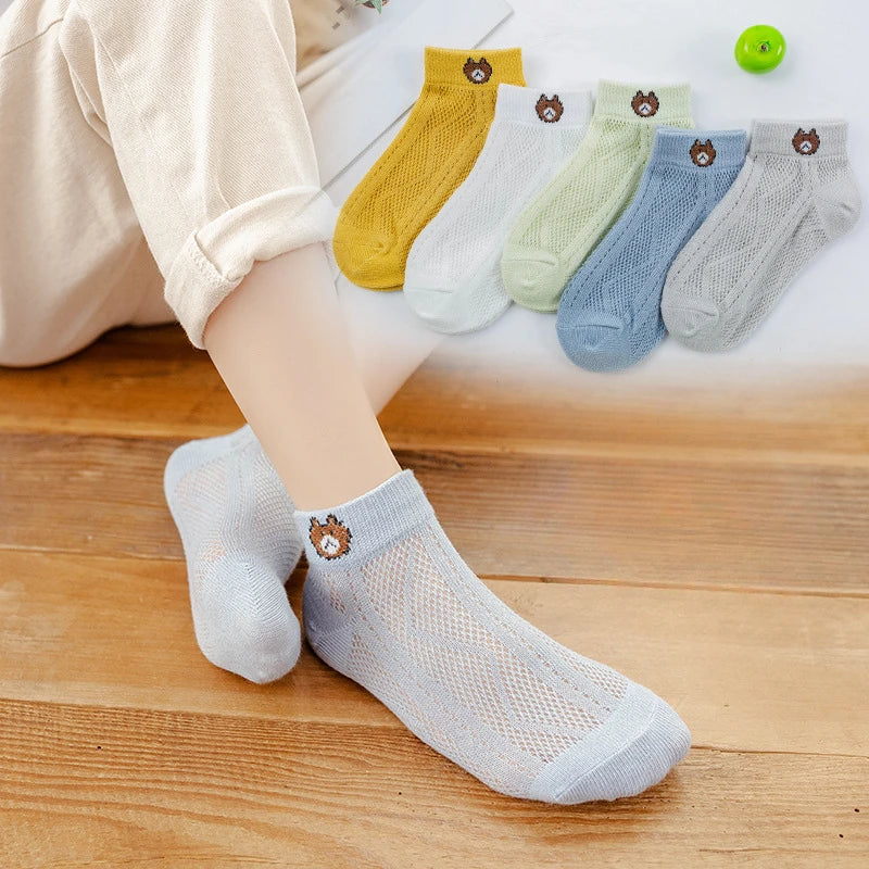 5Pairs Cartoon Bear Children's Socks Spring Summer Baby Soft Cotton Mesh Sock Boys Girls Breathable Thin Cute Sock Kids Socks