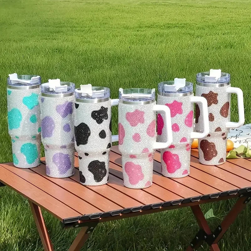 Cow Print Studded Tumbler With Lid And Straw 40oz Stainless Steel Thermal Water Bottle With Handle Portable Drinking Cups