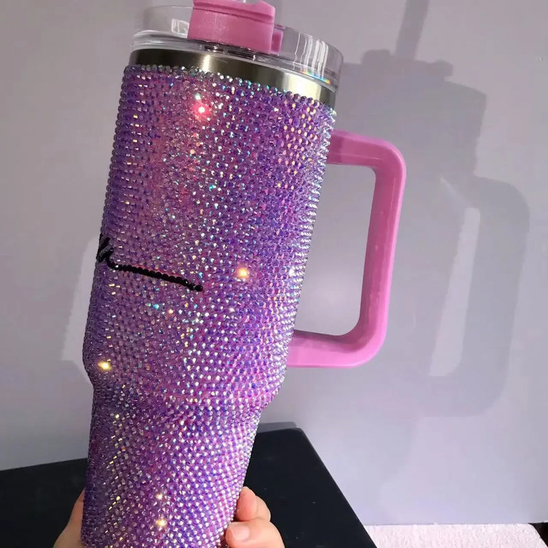 Personalized Rhinestone 40oz Tumbler with Handle Lid and Straw Thermos Bottle Stainless Steel Tumbler Gift for Mom Gift for Her