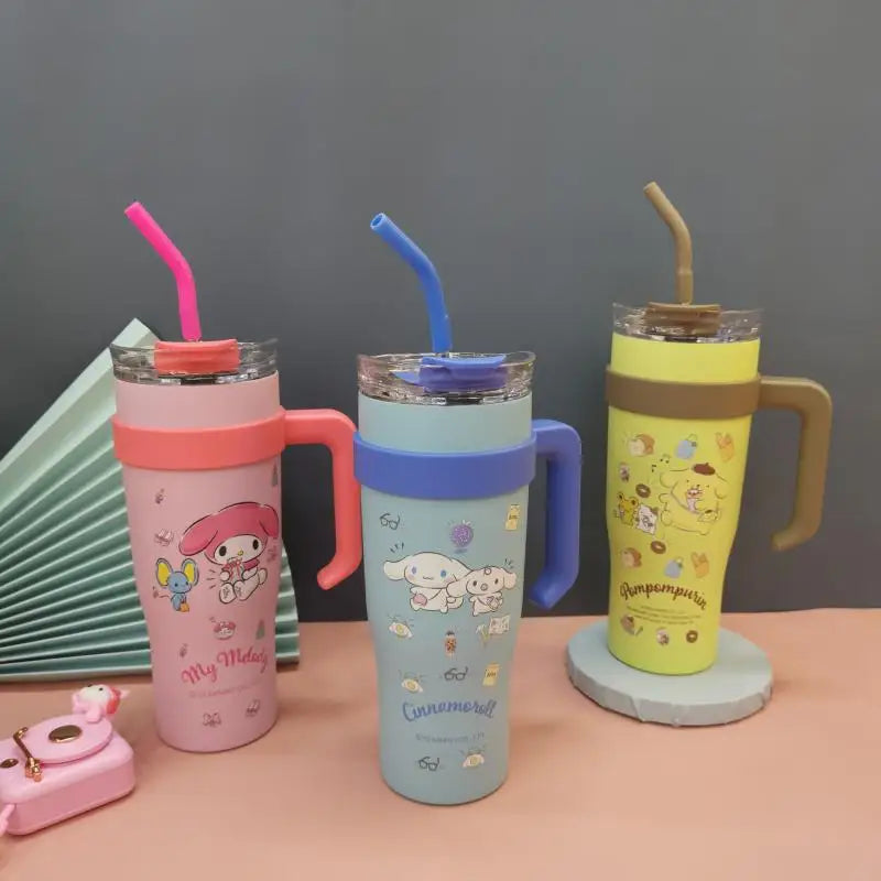 900Ml Sanrio Cartoon Big Mac Thermos Cup Women Kuromi Cinnamoroll Hello Kitty Pochacco Insulation Water Bottle Sippy Cup Gift