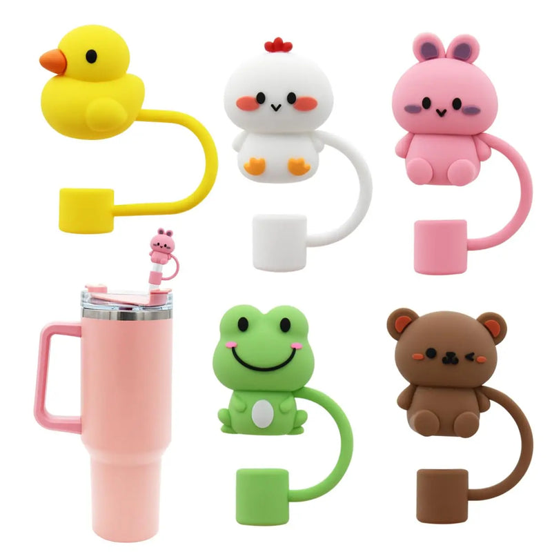 Straw Cover Cap For Stanley Cup Reusable 10mm Cute Silicone Straw Topper 40 Oz Tumbler With Handle Tips Lids 5Pcs Animal Shape