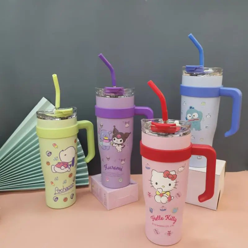 900Ml Sanrio Cartoon Big Mac Thermos Cup Women Kuromi Cinnamoroll Hello Kitty Pochacco Insulation Water Bottle Sippy Cup Gift