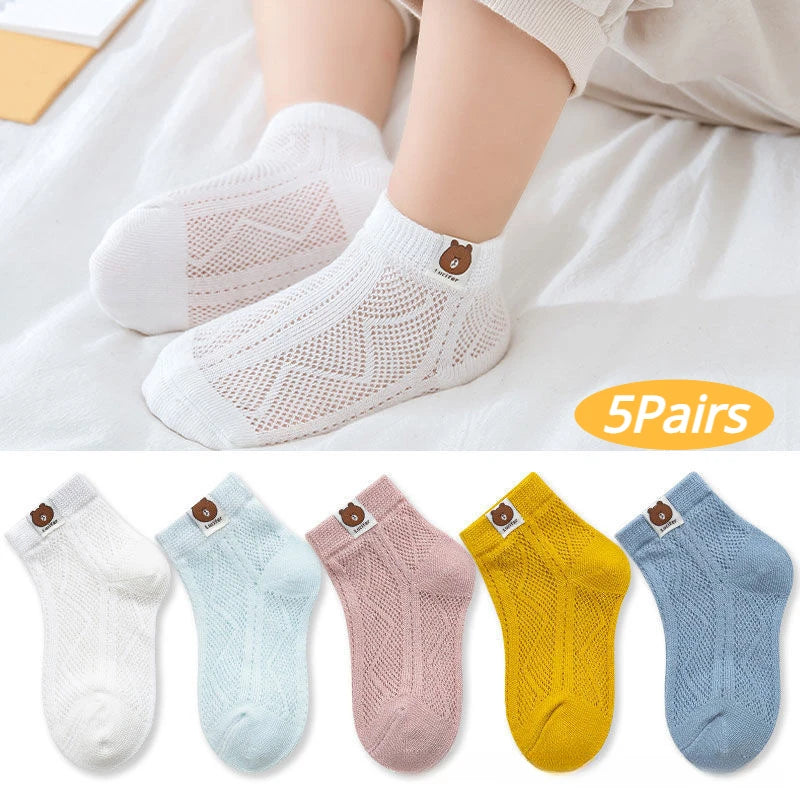 5Pairs Cartoon Bear Children's Socks Spring Summer Baby Soft Cotton Mesh Sock Boys Girls Breathable Thin Cute Sock Kids Socks