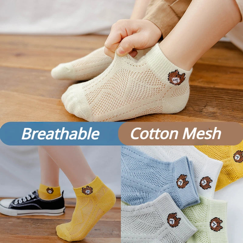 5Pairs Cartoon Bear Children's Socks Spring Summer Baby Soft Cotton Mesh Sock Boys Girls Breathable Thin Cute Sock Kids Socks